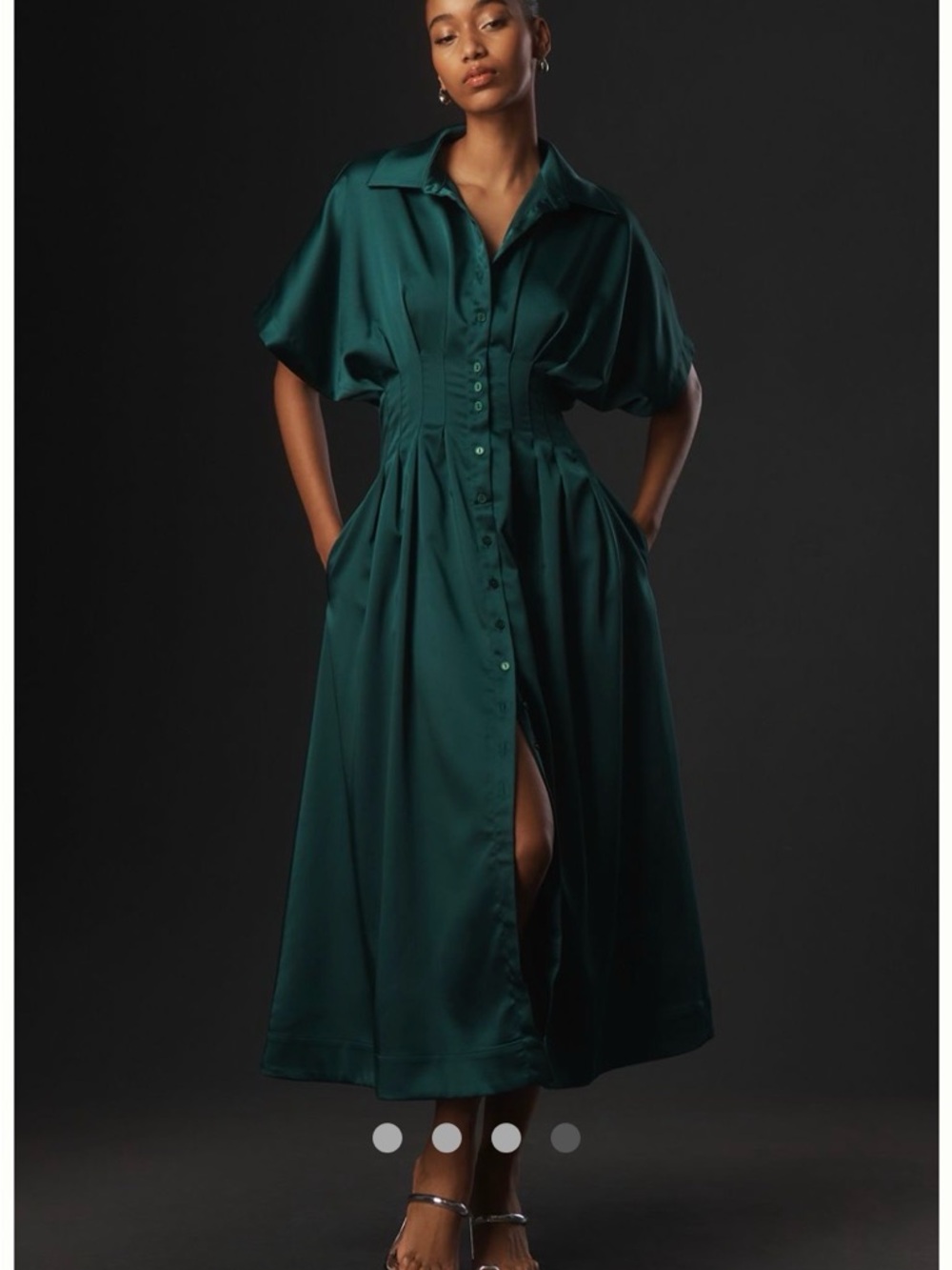 Satin Forest Green Button-Front Maxi Dress